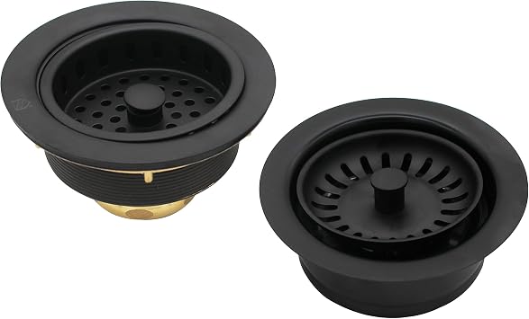 Westbrass CO2165S-62 COMBO PACK 3-1/2" مصفاة سلة حوض المطبخ الكبيرة على شكل عمود وشفة تصريف التخلص من النفايات مع مصفاة سلة، أسود غير لامع