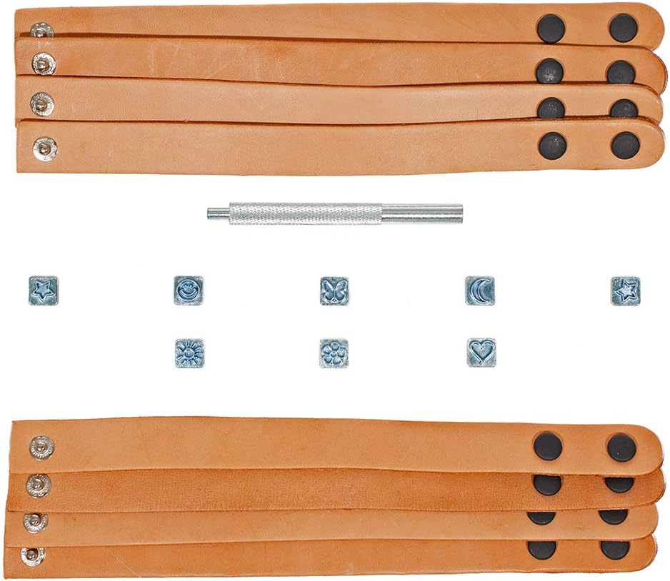 Leathercraft Funtime Stamp Set – Leather Stamping Set with 8 Customizable Leather Wristbands – Set Includes Tool Handle and 8 Fun Stamp Images