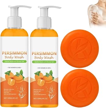 Rhoms Persimmon Soap and Persimmon Body Wash Set, Persimmon Soap for Old People, Moisturizing Body Cleanser, Japanese Persimmon Soaps for Nonenal, Softens and Protects Skin 2 Set