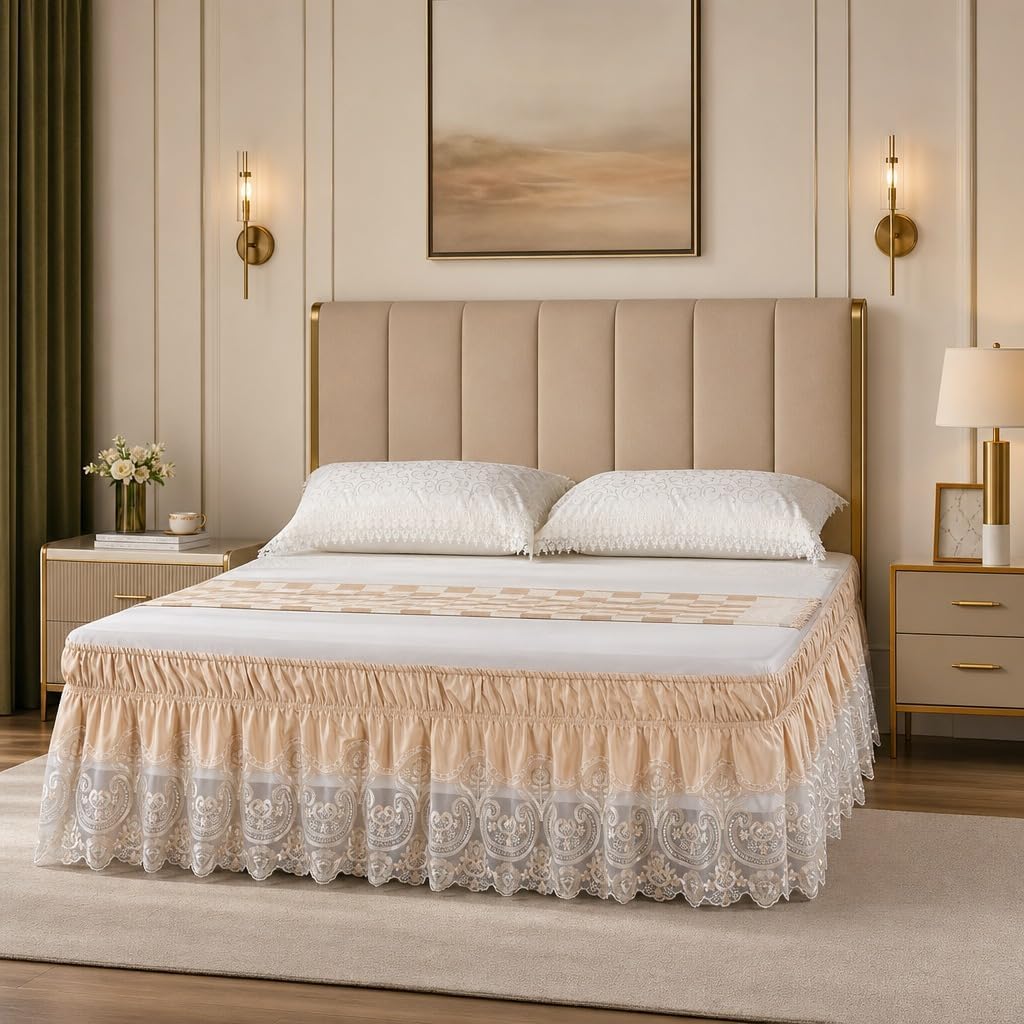 ARTABLE Lace Ruffled Bed Skirt Champagne Queen 15 Inch Drop 60 x 80 Inch | Ruffled lace wrap around bed skirt with adjustable elastic belts helps hide under bed storage and refresh bedroom decor