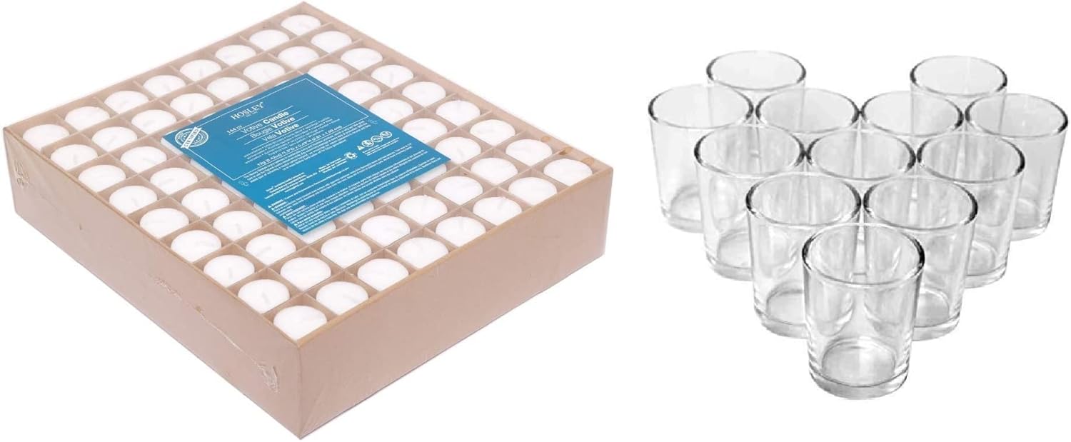 Hosley's Set of 144 Unscented White Votive Candles & Hosley Set of 12 Votive/Tealight Holders