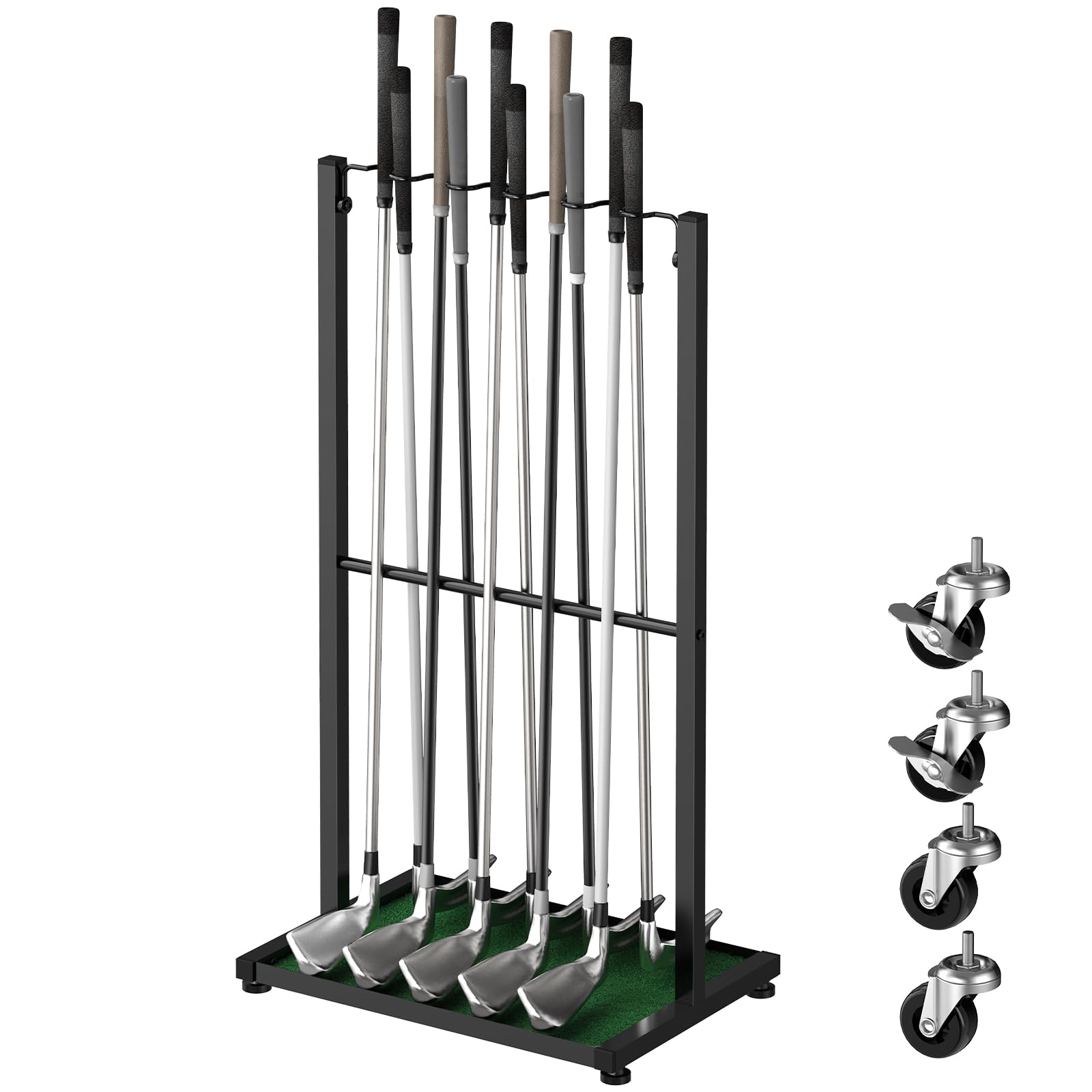 Luplom Golf Club Holder Floor Stand Golf Putter Stand with Wheels for 10 Clubs, Solid Metal Golf Club Organizer, Golf Club Storage Rack Cart for Garage Home Office, Indoor and Outdoor Use, Black