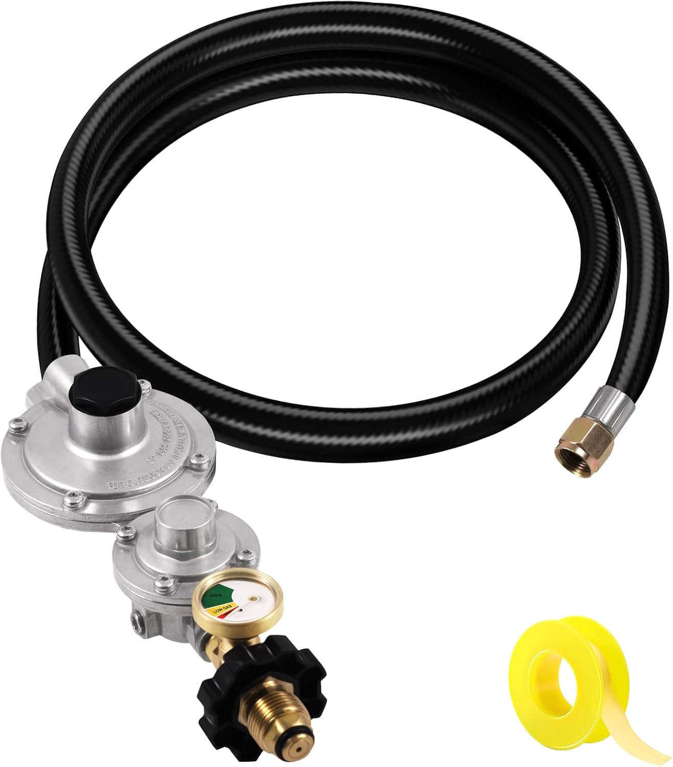 5FT 2 Stage Propane Regulator with Hose and Gauge, Standard POL Connection to 20-100 lb Propane Tanks, 100 lb Propane Tank Regulator for RV, Generators, Grill, Heaters, Gas Stoves