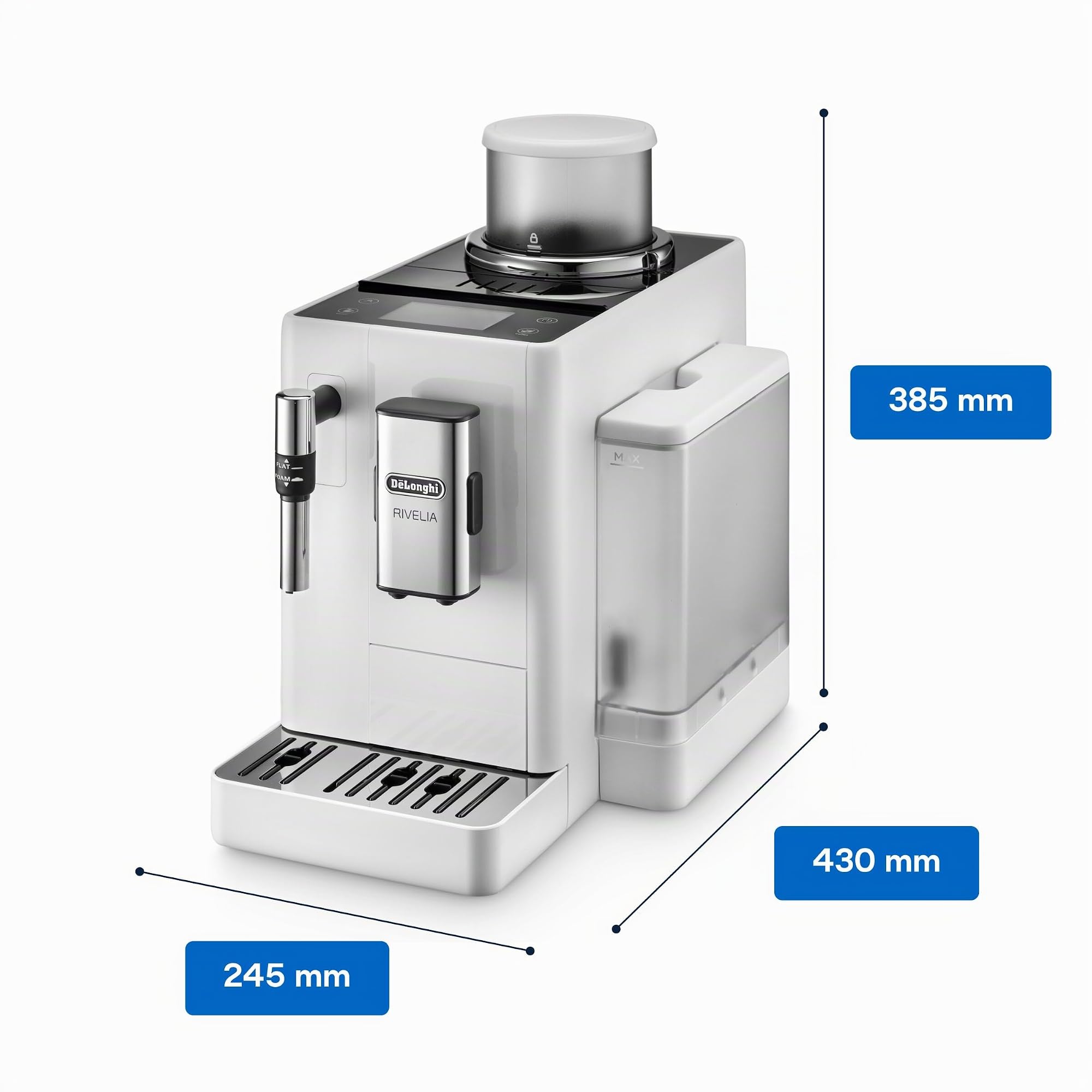 De'Longhi Rivelia EXAM440.35.W - Macchina da caffè automatica con ugello montalatte, contenitore per fagioli intercambiabile, 8 bevande caffè premendo un pulsante, funzione extra shot, display touch