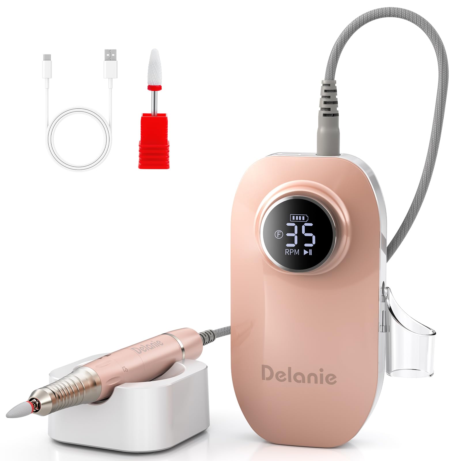 Delanie Torno para Uñas Profesional Inalámbrica 35000RPM con Motor sin Escobillas, Lijadora de Uñas Eléctrica Portátil con Base de Pausa Inteligente, Perfecta para la Sala de Estar/Hogar