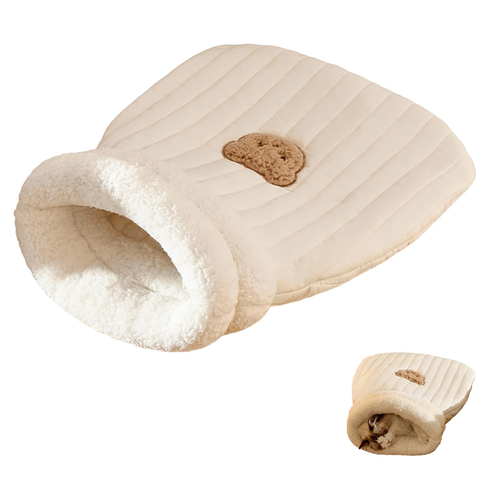 Cat Sleeping Bag - 360° Wrap Cozy Bed Cave for Indoor Cats, Winter Warm Soft Plush Pet Calming Bed for Dogs Up To 10kg (White, L 45 * 54cm)