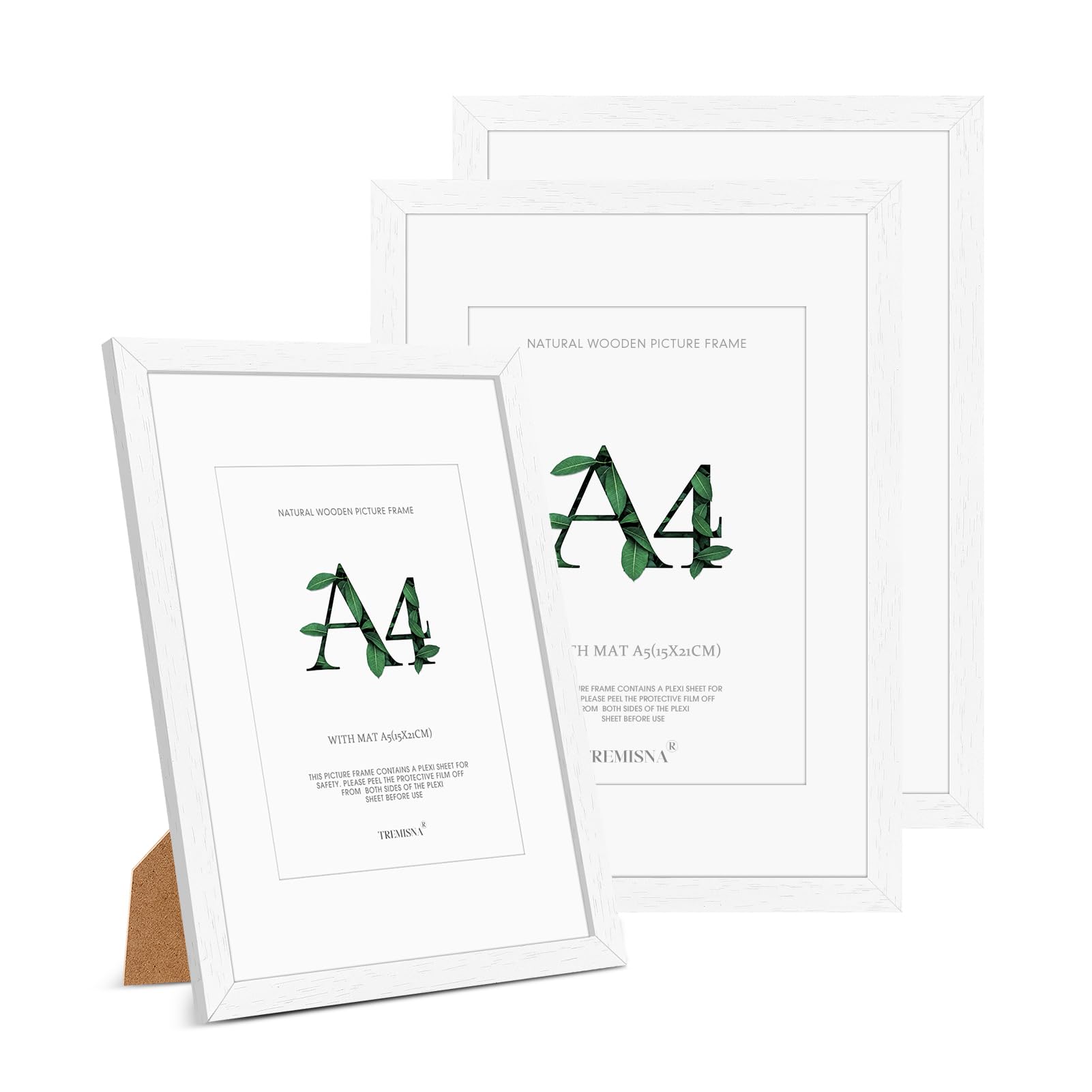 Tremisna® 3x A4(21x29.7cm) White Wood Picture Frame –Removable Mat for A5 (14.8x21cm) or A4 Without Mat, HD Perspex, Stand & Wall Hanging