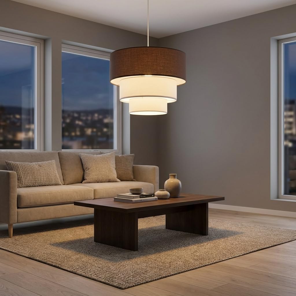 Alpinaluz Suspension textile marron et blanc à trois niveaux Ø38 cm - Abat-jour en tissu multicouche, culot E27, design moderne et décoratif pour salon, chambre et salle à manger