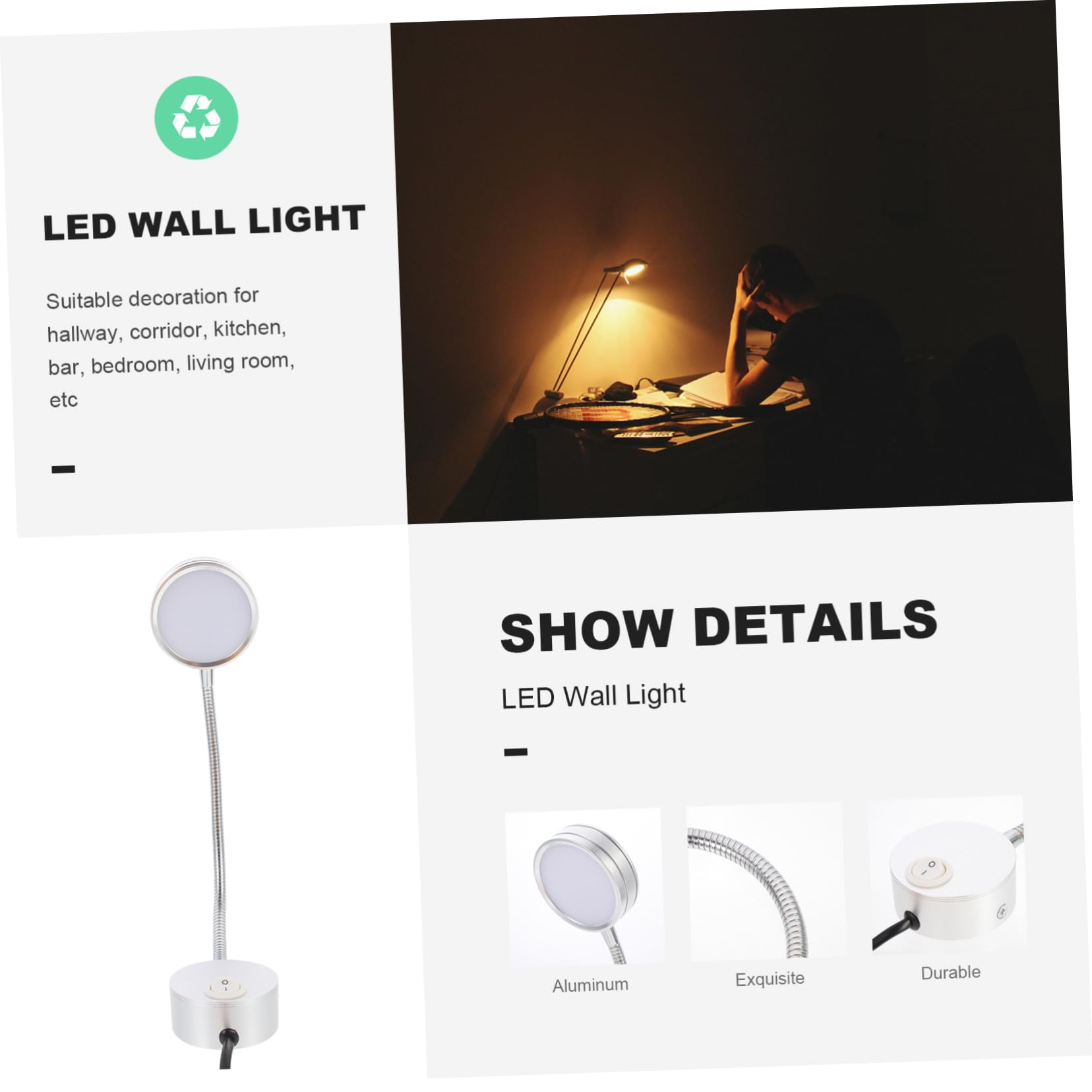 Lámpara Lectura Led De Pared Con Cuello Flexible Luz Cabecero Dormitorio Para Estudiantes Montura Fácil Enchufe Eu Iluminación Acogedora Para Habitación
