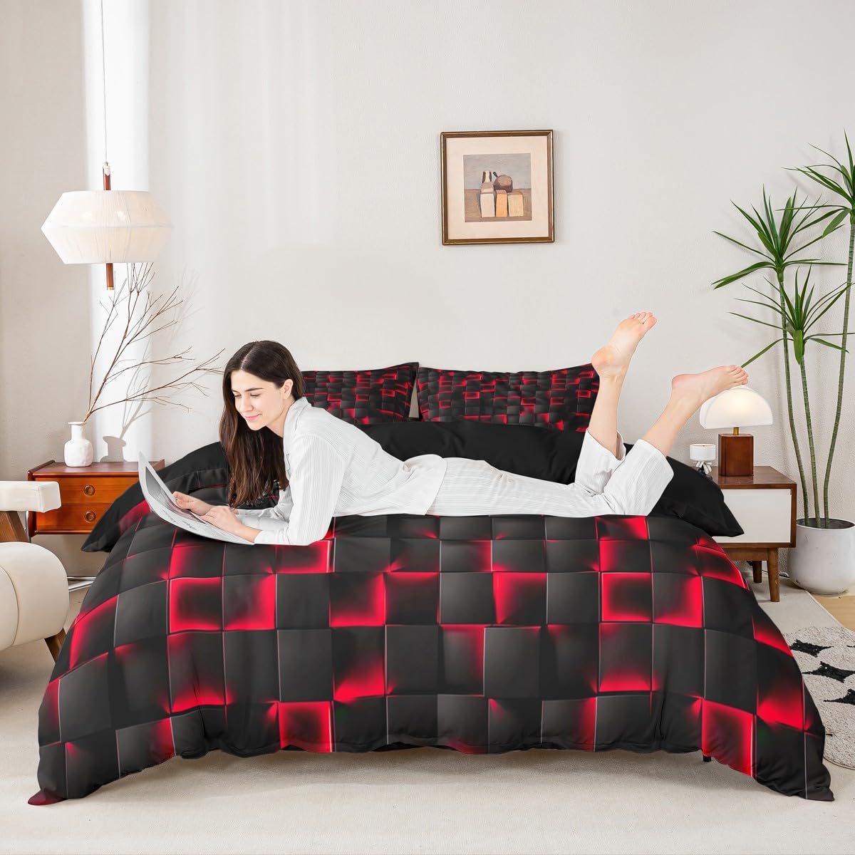 Homewish Boys Red And Black Duvet Cover Single Geometric Checkered Kids Bedding Set Teen Men Gaming Room Decor - Image 3
