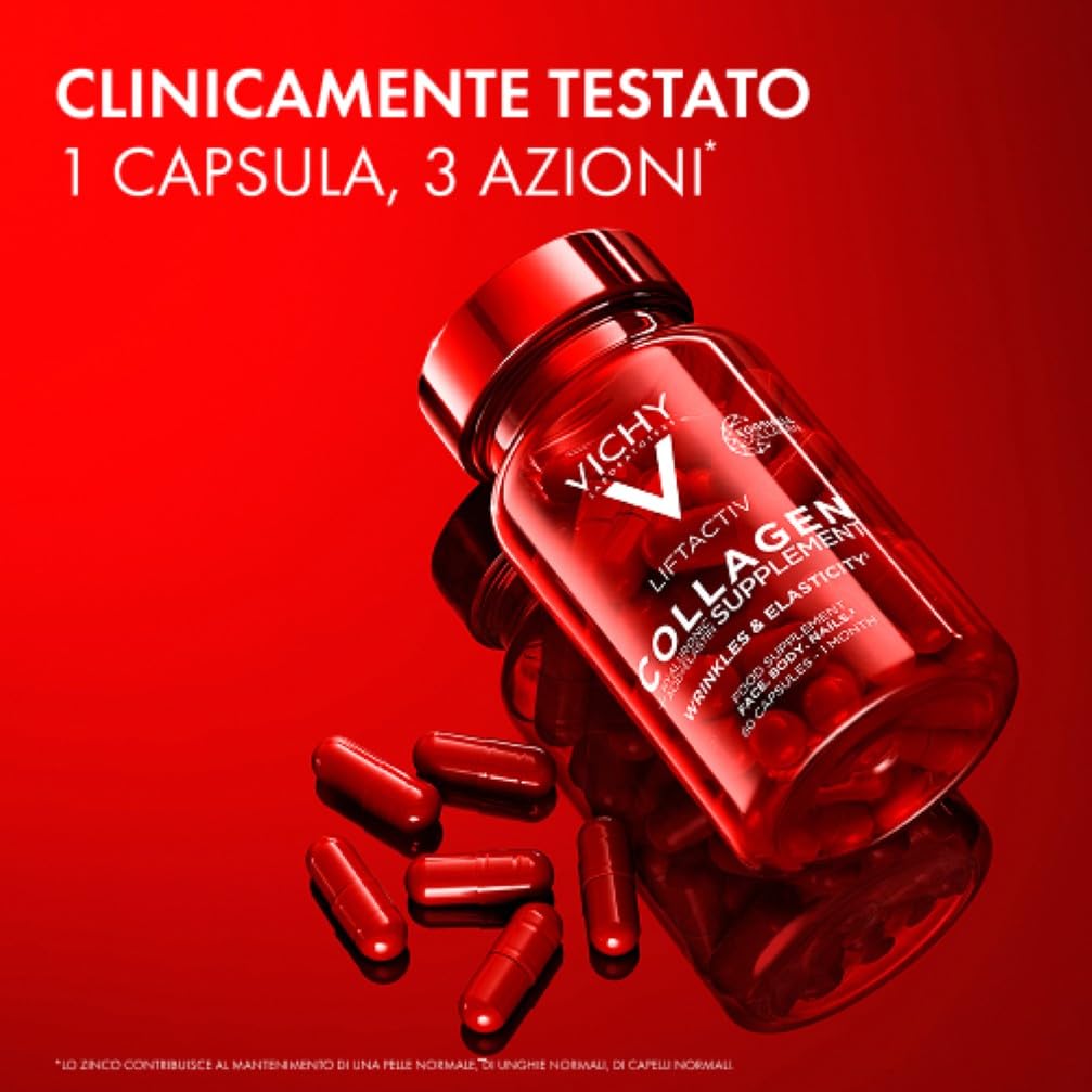 Vichy Liftactiv Collagen, Integratore di Collagene in Compresse, Per Donna e Uomo, Rughe Ridotte, Pelle Tonica e Unghie Più Forti, Con Collagene Vegetariano, Vitamina C e Vitamina E, 60 Compresse, 50g