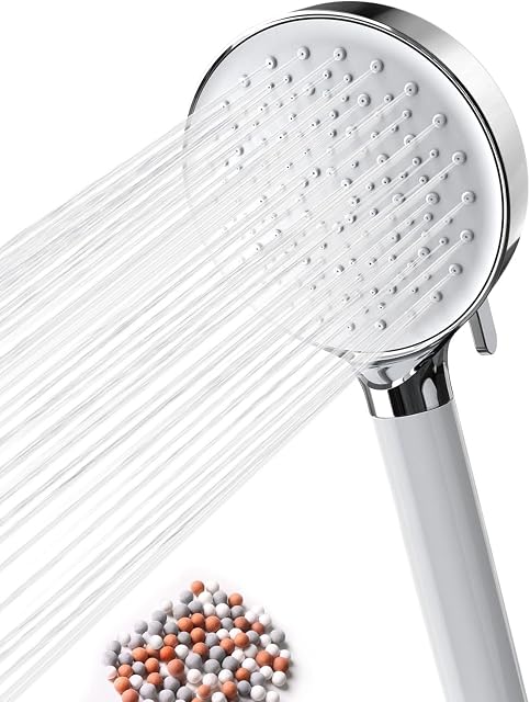 Newentor Shower Head, Ionic Shower Head Handheld Contains 6 Sprays Water Saving Power Shower Head High Pressure for Hard Water Filter Shower Head Chrome with Extra Replaceable Filter Beads.