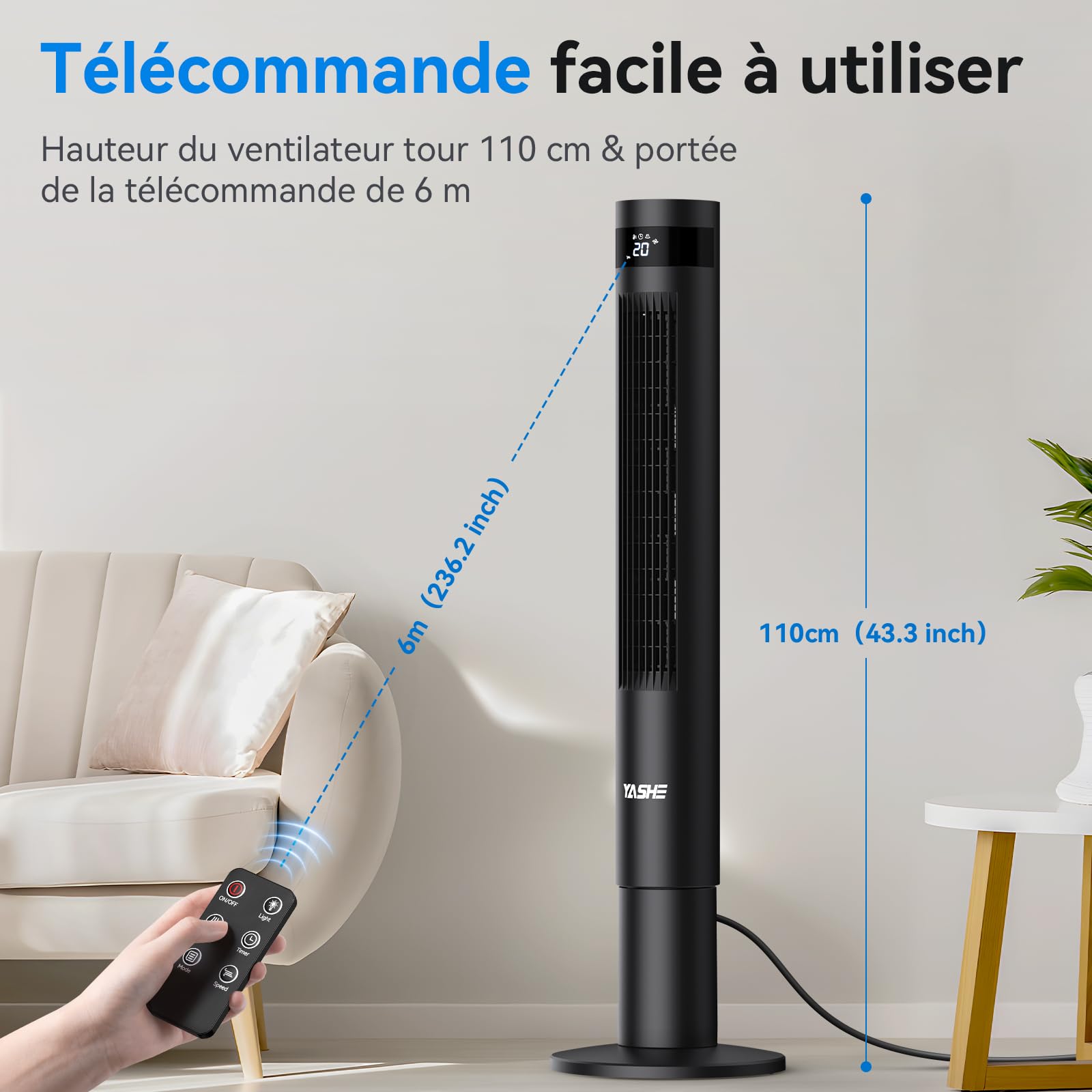 YASHE 43'' Colonne Ventilateur, Ventilateur Colonne Silencieux 28dB, Ventilateur Climatiseur Oscillant à 85° avec, Ventilateur Tour avec télécommande, Minuterie 12h, 3 Vitesses 3 Modes de Vent