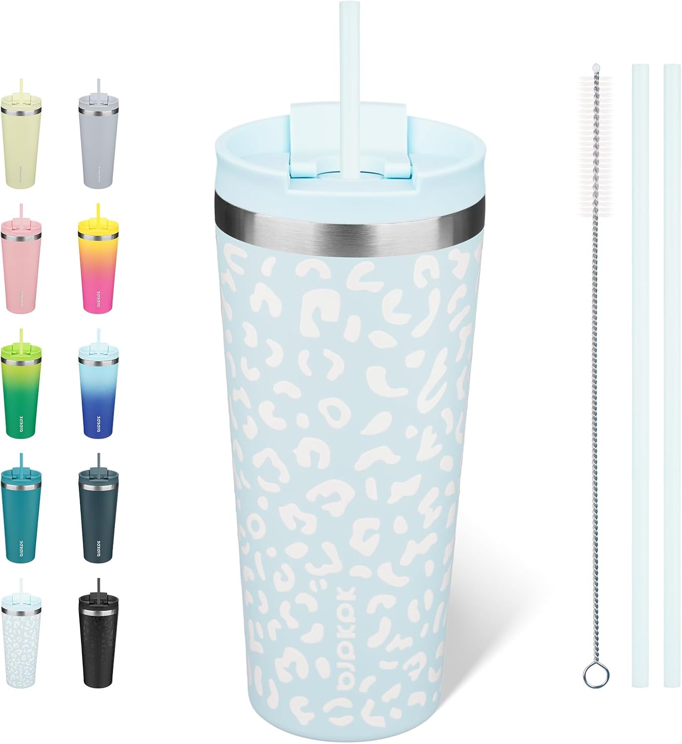 BJPKPK 22oz Tumbler With lid And Straw Stainless Steel Travel Coffee Mug Insulated Tumblers Cups,Light Blue Leopard
