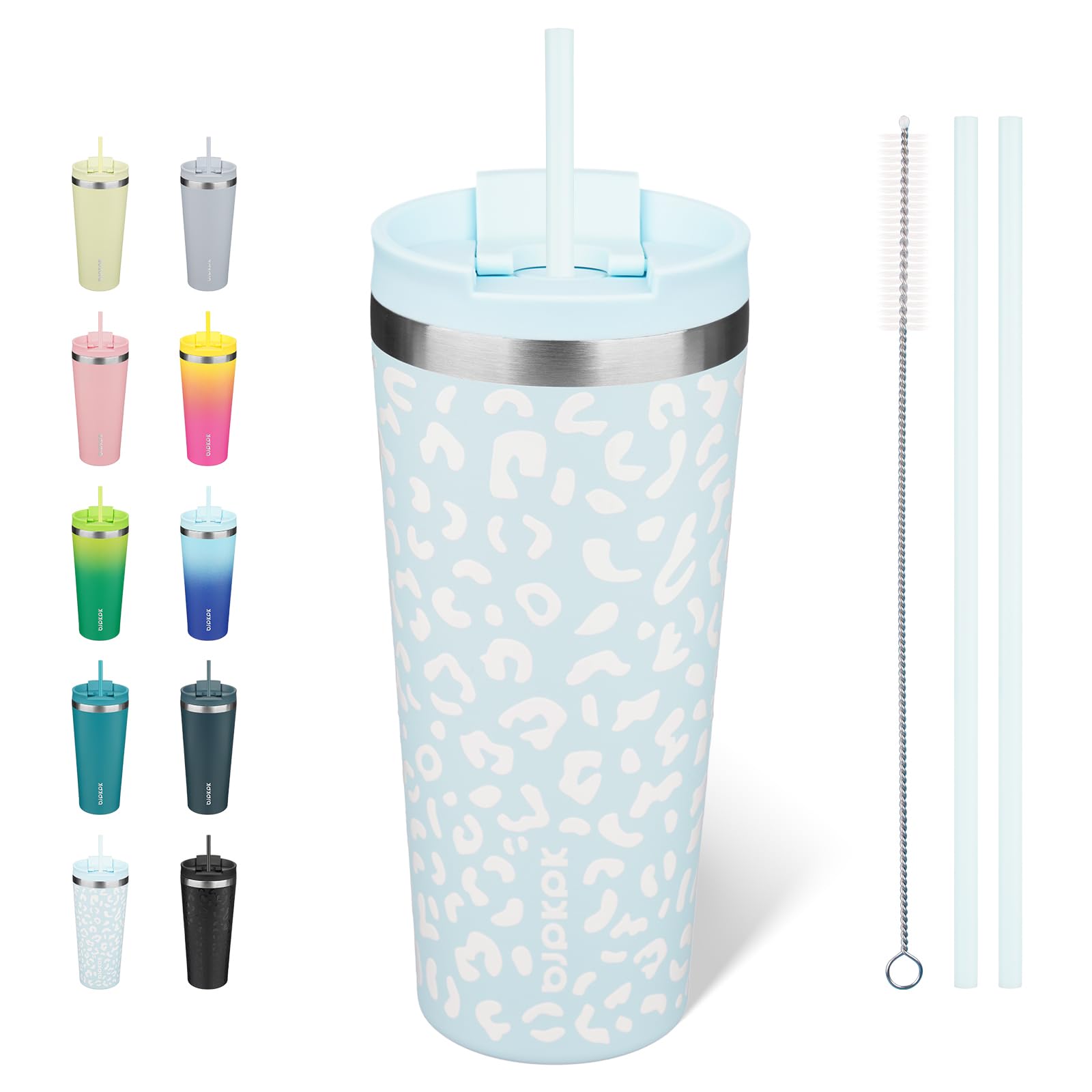 BJPKPK 22oz Tumbler with lid and Straw Stainless Steel Travel Coffee Mug Insulated Tumblers Cups,Light Blue Leopard