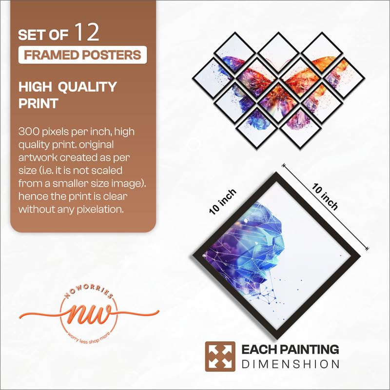 Image of NoWorries Diamond Shape Wall Painting Set 12 with Frame | Colorful Butterfly Multi Frame Artwork, Modern Abstract Wall Decor for Living Room, Bedroom, Office and Home Decoration (Art-6, Frame Size-10x10 inches)