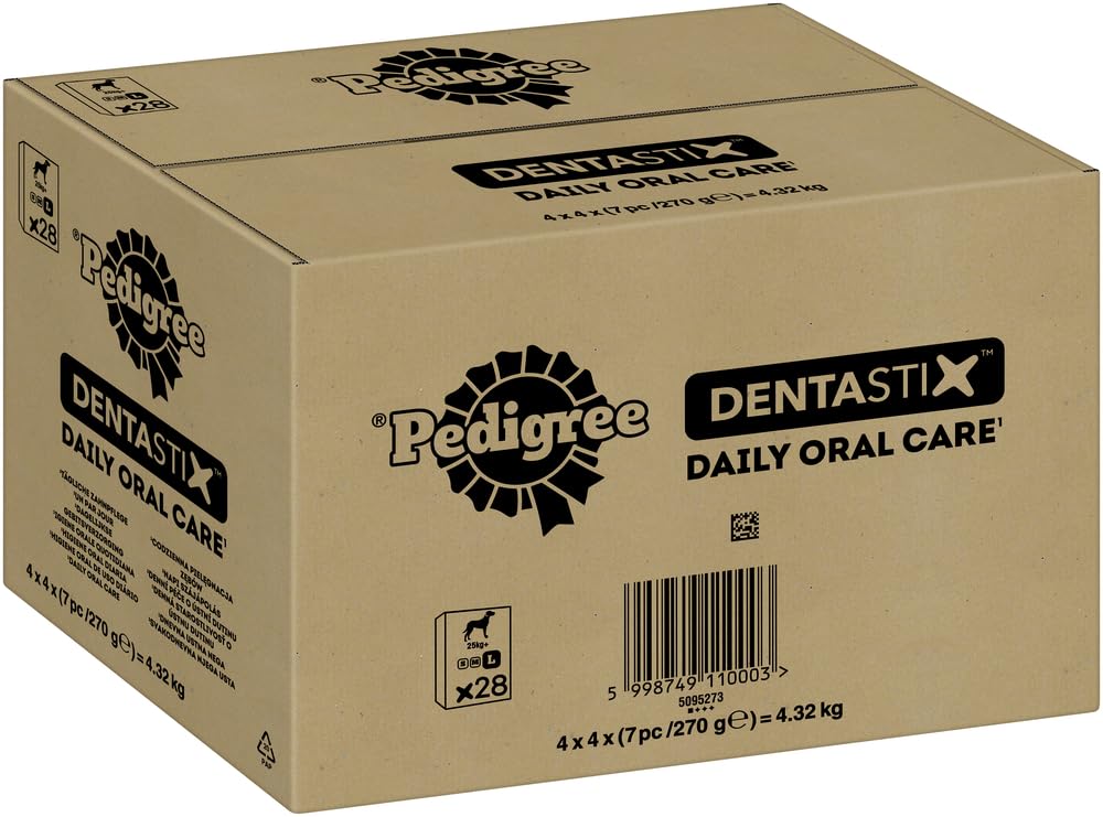 Pedigree DentaStix Hundesnack für große Hunde (25kg+), Zahnpflege-Snack mit Huhn und Rind, 4 Packungen je 28 Stück (4 x 1.08 kg)