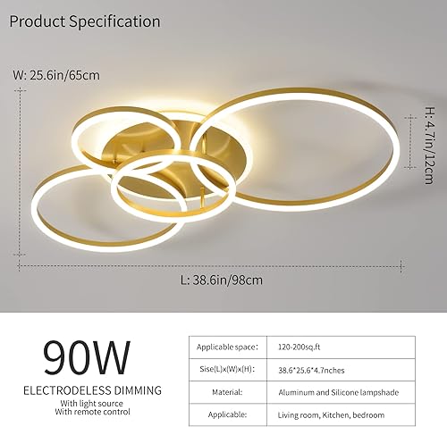 Miniatura 4 de Lámpara de techo LED moderna de 90 W, regulable, con control remoto, 5 anillos, lámpara de techo de acrílico dorada para sala de estar, dormitorio,