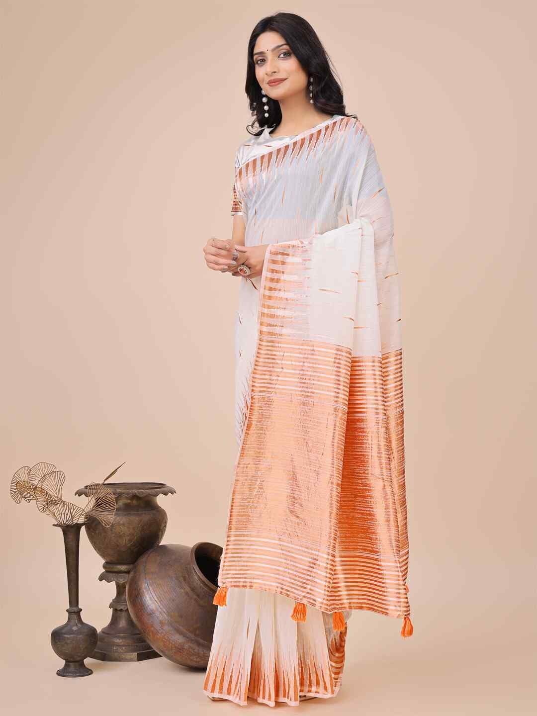 Shiv Textiles Women's Linen Cotton Zari Weaving & Tassel Saree(AUS-ASTAR1003-WHITE) 1