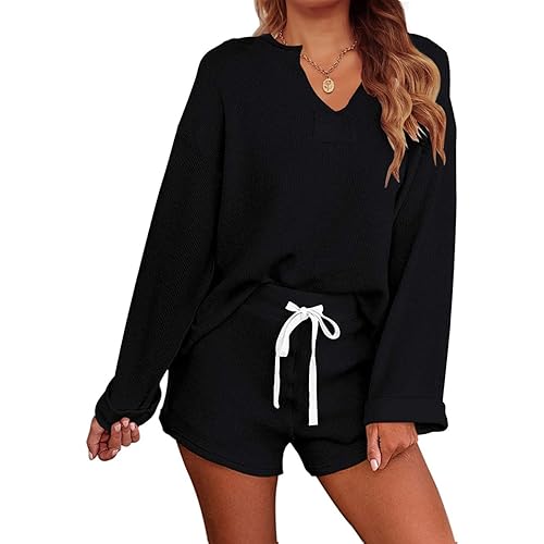 MEROKEETY Women's Long Sleeve Pajama Set Henley Knit Tops and Shorts Sleepwear Loungewear