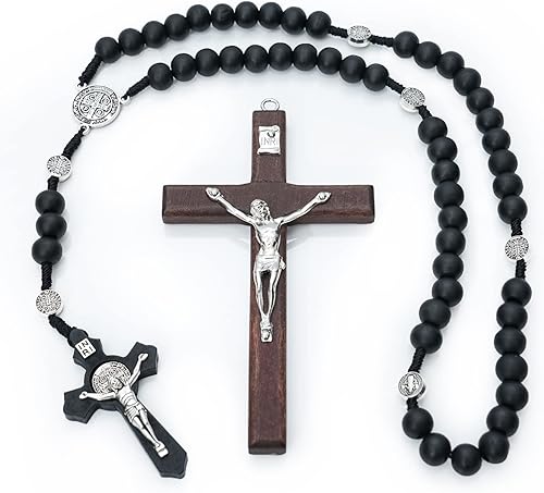 Miniatura 2 de MelinSam Cruz de pared de crucifijo, cruz católica hecha a mano con cuentas de rosario de madera, collar con colgante y piedras inspiradoras de