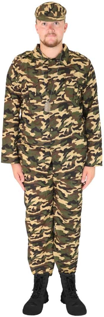 I LOVE FANCY DRESS Mens Army Costume. Action Man Soldier Costume for Men. Camouflage Suit in Green, Khaki, Brown, & Beige. Army Jacket + Matching Army Trousers + Matching Army Cap.