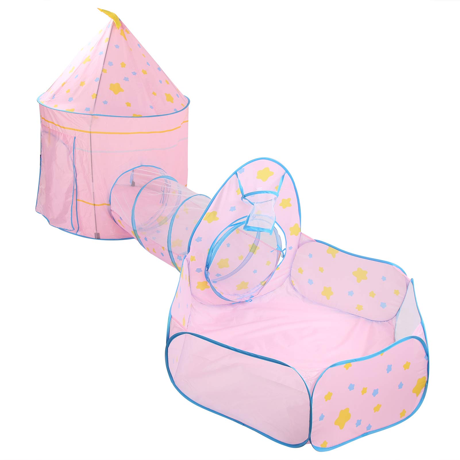 Babyzelt-Spieltunnel-Set für Indoor-Abenteuer, 3-teiliger -Krabbeltunnel mit Bällebad für über 3 Jahre, Sicheres 190T-Polyester-Material (Rosa Stück)