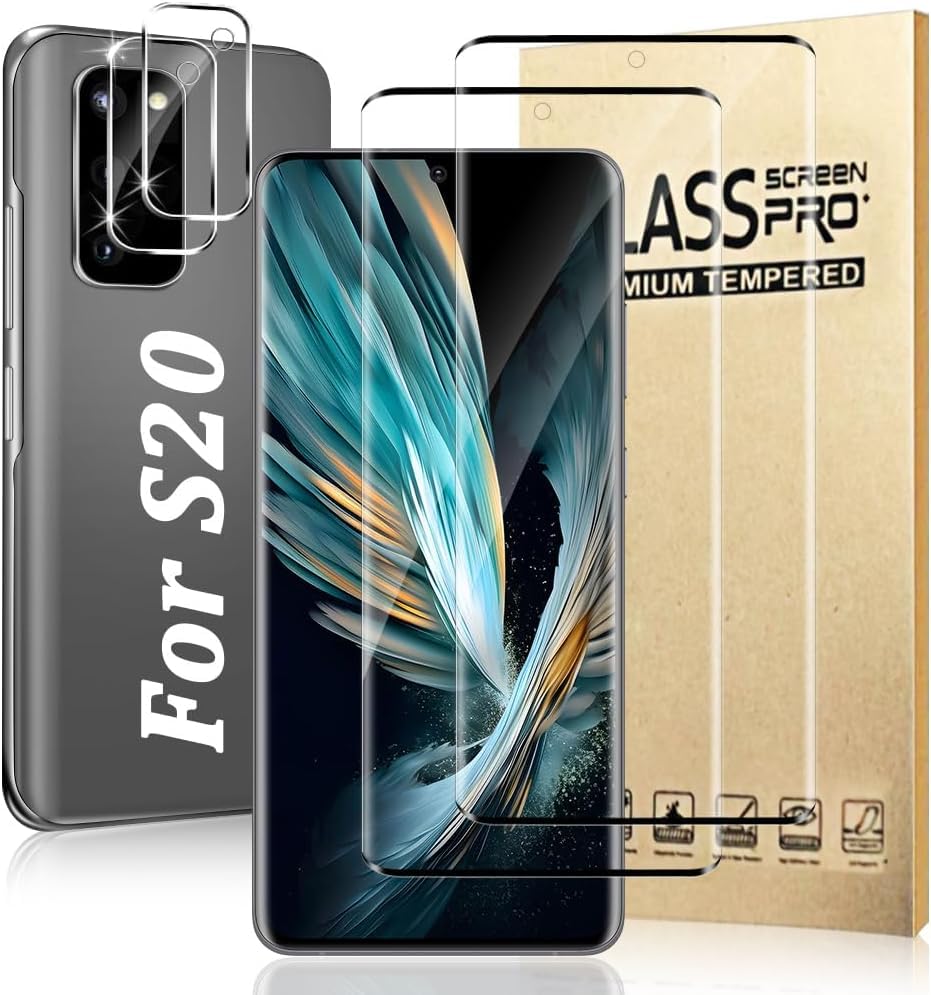 AYCFING (2+2 Packs) Suitable For Galaxy S20 Screen Protector And Camera Lens Protector 9H hardness Oil Resistant Compatible With Fingerprints No Bubbles Suitable For Galaxy S20 5G (6.2 Inches)