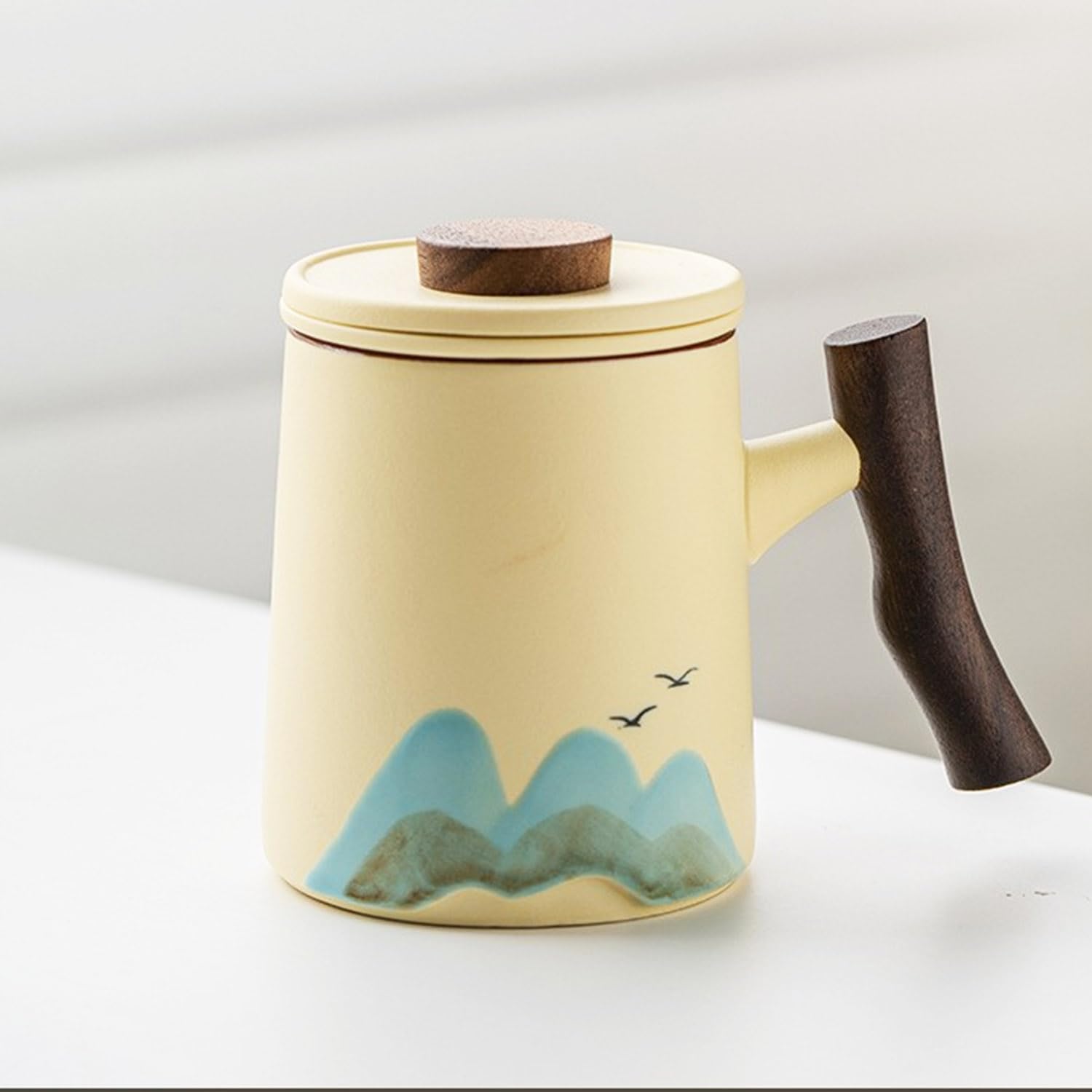 Tetera y taza ceramica te artesanal con colador interno tapa y asa diseño oriental premium matcha negro colores variados set regalo lujo te infusiones cafe japon oriental china caja (AMARILLA)