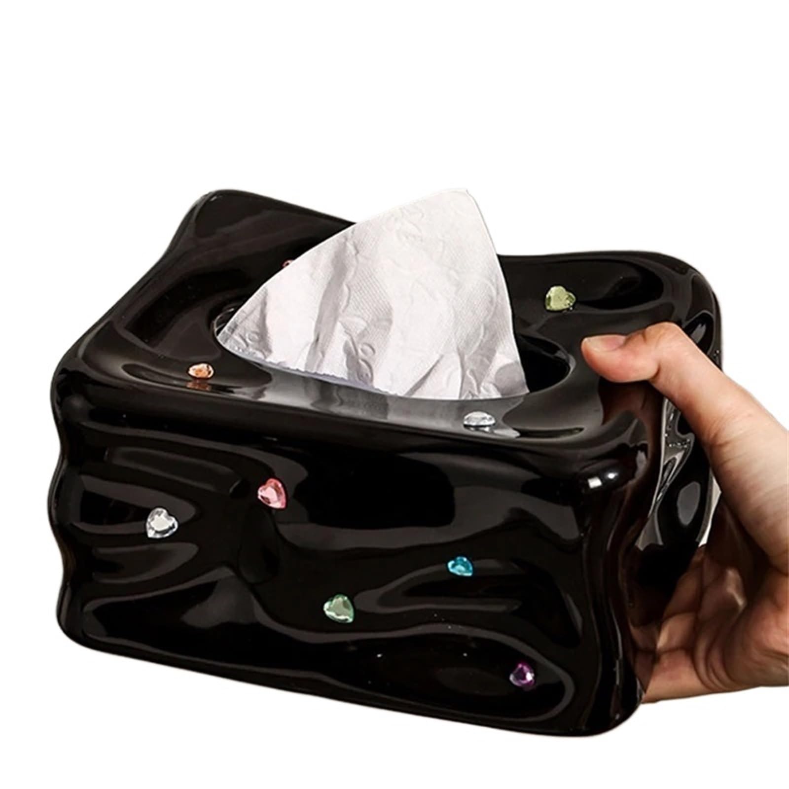 Ceramic Glacier Gem Tissue Box Coffee Table Paper Napkin Storage Box Household Desktop(Black)