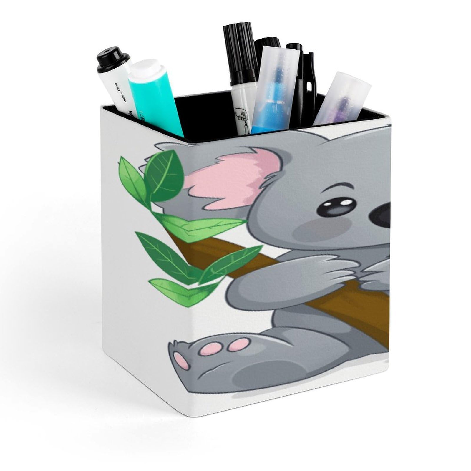 FekiLoot Green Leaf Koala Pen Holder for Desk Minimalist Leather Pencil Holder Fashion Modern Pencil Cup Decorative Square Pen Cup Locker Organizer for Office Work Locker Accessories
