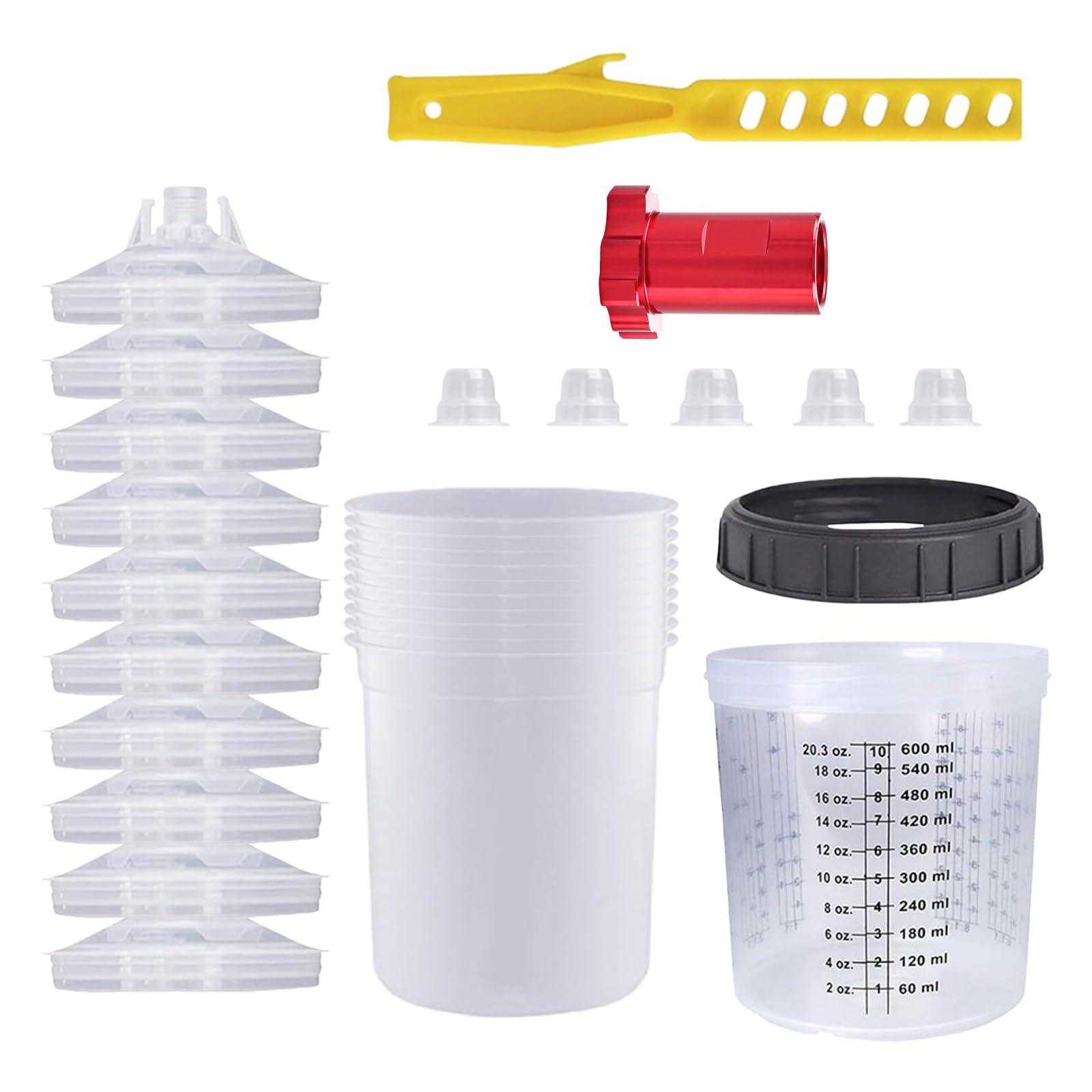 Lot de gobelets de mélange de peinture pour HVLP, pulvérisateur de peinture, jetable, pistolet à peinture, gobelet avec 10 gobelets, 10 couvercles, 5 connecteurs, 1 anneau de support noir (600 ml)