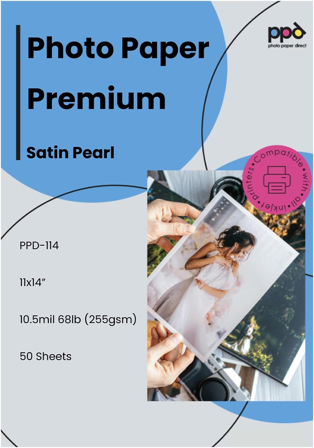 PPD Satin Photo Paper for Inkjet Printer, Premium Pearl Luster Finish 11 x 14 Size Sheets for Printable Photos, Thick 255 gsm 68 lbs 10.5 mil, White, Water Resistant & Instant Dry Prints (50 Pack)