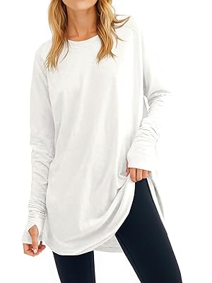 Fisoew Women's Casual Long Sleeve Tops Crew Neck Round Hem Loose T-Shirts Tunic Tops with Thumb Holes