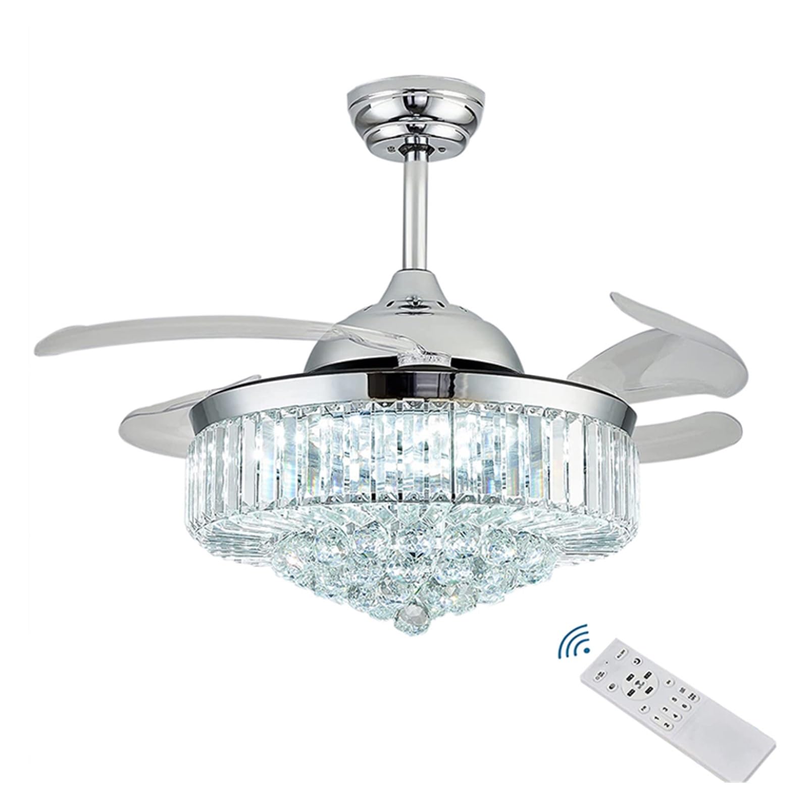 TRDEWR Chandelier Ceiling Fan Lighting, Crystal Ceiling Fan Light Dimmable Fandelier with Remote Control, Retractable Blade Ceiling Fan Good Light and Shadow Effects(Silvery)
