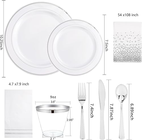 Miniatura 2 de Gather 176 platos de plata  Platos desechables de plástico plateado incluye 50 platos, 75 cubiertos, 25 servilletas, 25 vasos con borde plateado y 1