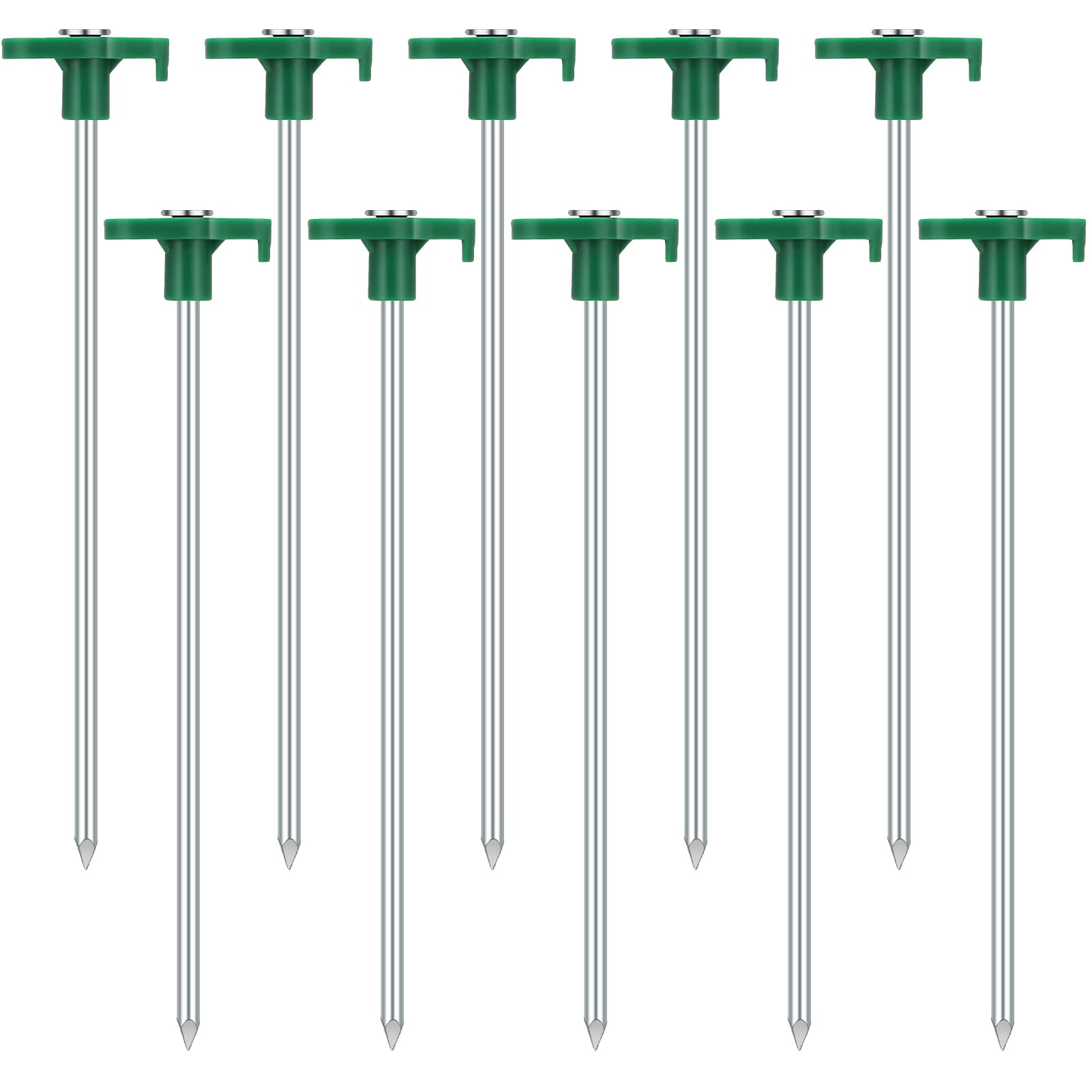 Saerryor 10 Pack Heavy Duty Metal Tent Pegs for Hard Ground, Camping, Tents, Tarpaulin (Green)