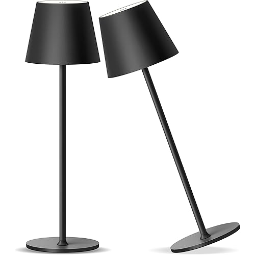 Cordless Rechargeable Table Lamp Set of 2, 5000mAh Battery Powered LED Desk Lamp, 3 Color Stepless Dimming Up, Portable Table Light Lamp for Bedroom Restaurant Outdoor (Black)