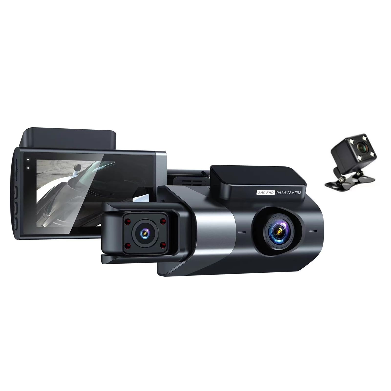 Docooler Cámara de salpicadero con tres cámaras, 1080P HD, DVR para coche, cámara de seguridad para coche, ultra gran angular de 170°, visión nocturna por infrarrojos, grabación en bucle 24 horas