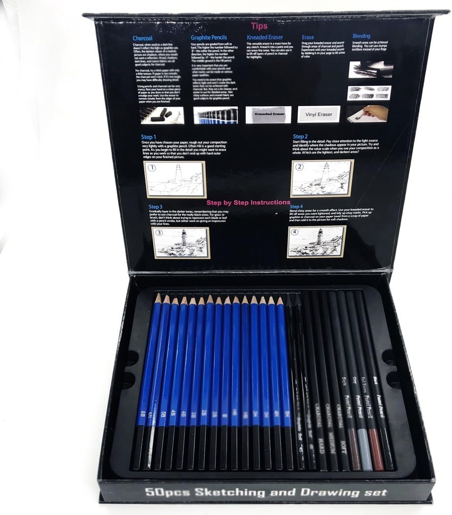 FUOEN 紙箱スケッチ鉛筆50本、文具セット、絵画および画材、プロ仕様の鉛筆。