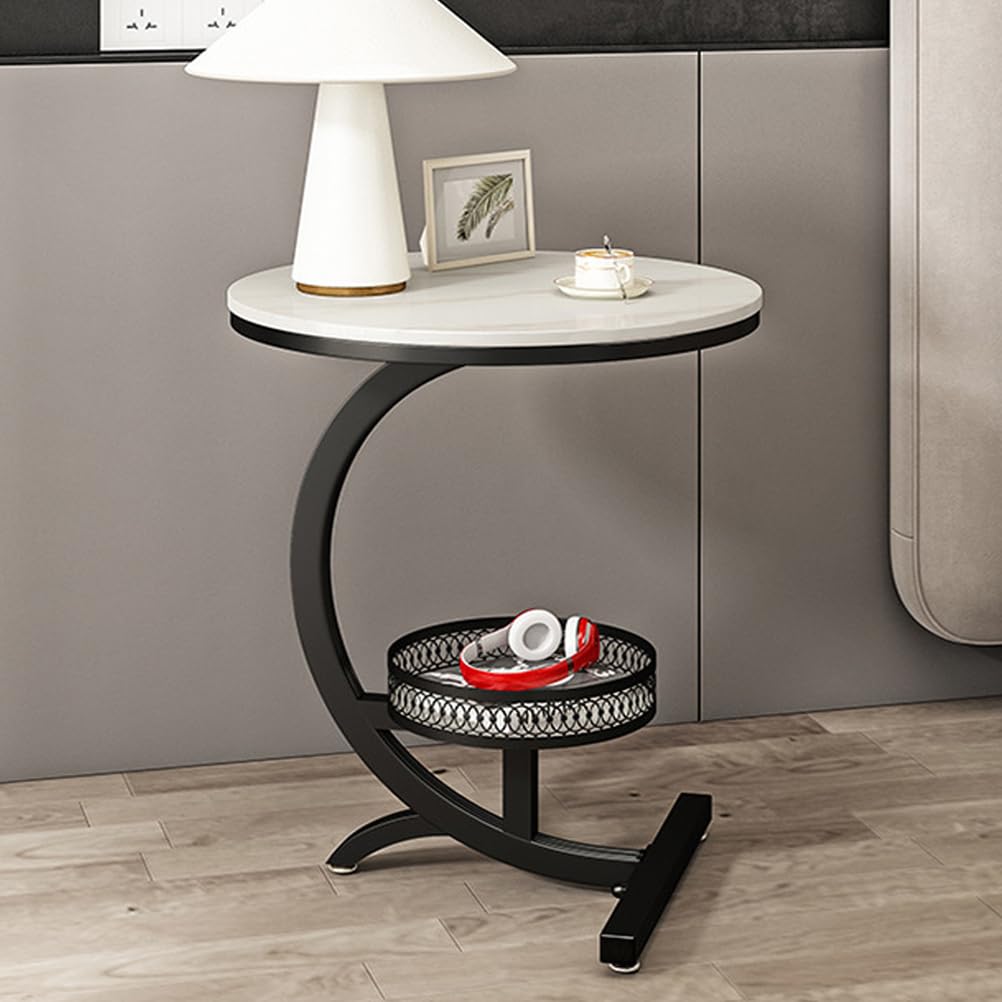 SXZenSpace 2-Tier Storage Shelf C-Shaped End Table for Couch, Round Side Tables TV Tray with Sturdy Metal Frame,Couch That Slide under Living Room,Bedroom,black,B