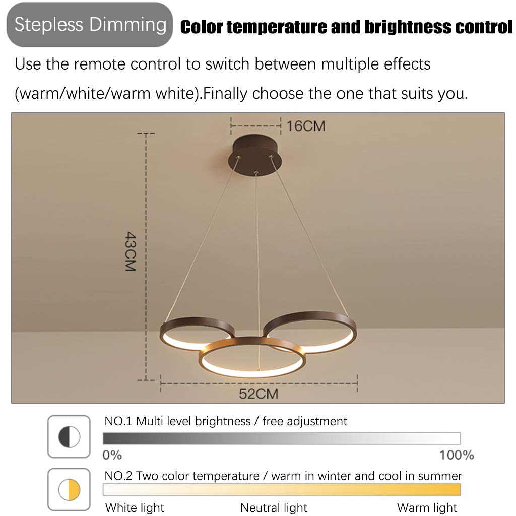 Nowoczesna lampa wisząca LED z pilotem zdalnego sterowania, przyciemniana, z regulacją wysokości, żyrandol do salonu, jadalni, biura, sypialni, lampa sufitowa, 52 x 43 cm, 34 W, trzy pierścienie