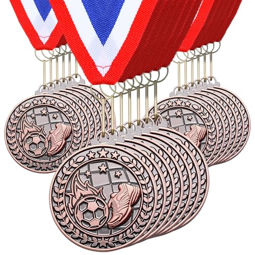 Remuuly 30 Packs Bronze Medals Bulk, 2'' Award Medals Team Participation Trophies with Red White and Blue Striped Ribbon for Competitions Celebration Prizes Gift Sports Themed Party Favor(Soccer)