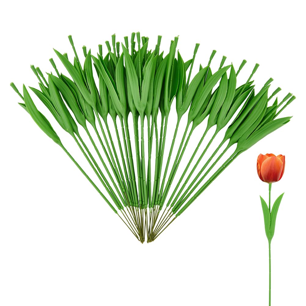 SUPERFINDINGS 30PCS Floral Wire Stem with Leaves Plastic Artificial Tulip Wire Stem Green DIY Flower Making Stem Rose Floral Wire Stems for Wedding Bouquet Flower Arrangement