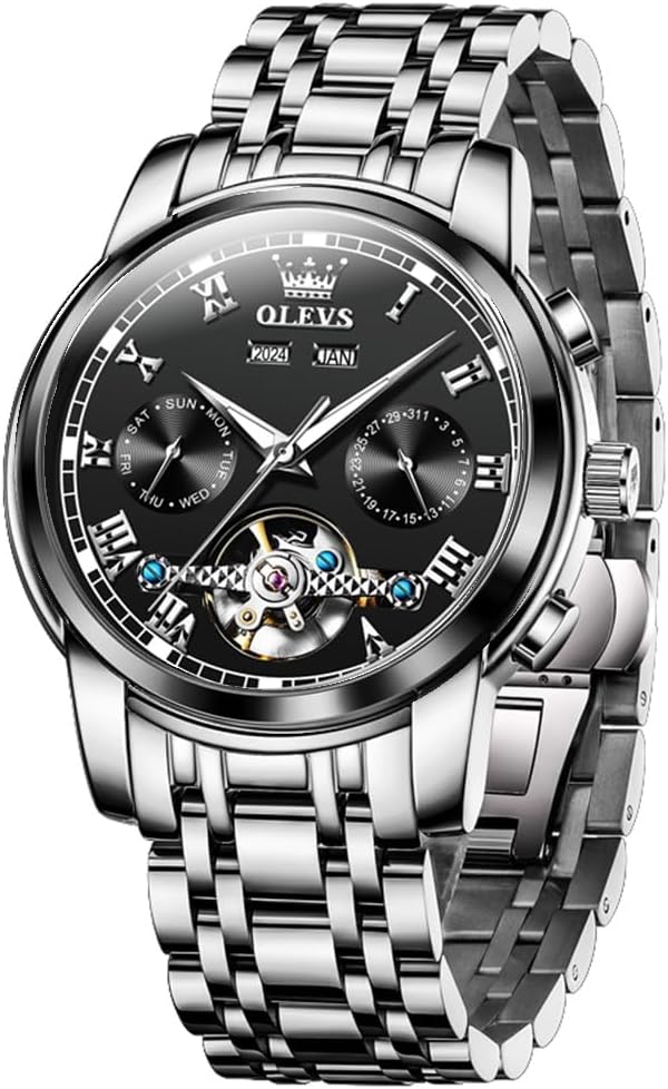 OLEVS Self Winding Watches for Men Automatic Mechanical Tourbillon Stainless Steel Waterproof Luminous Luxury Dress Wrist Watches
