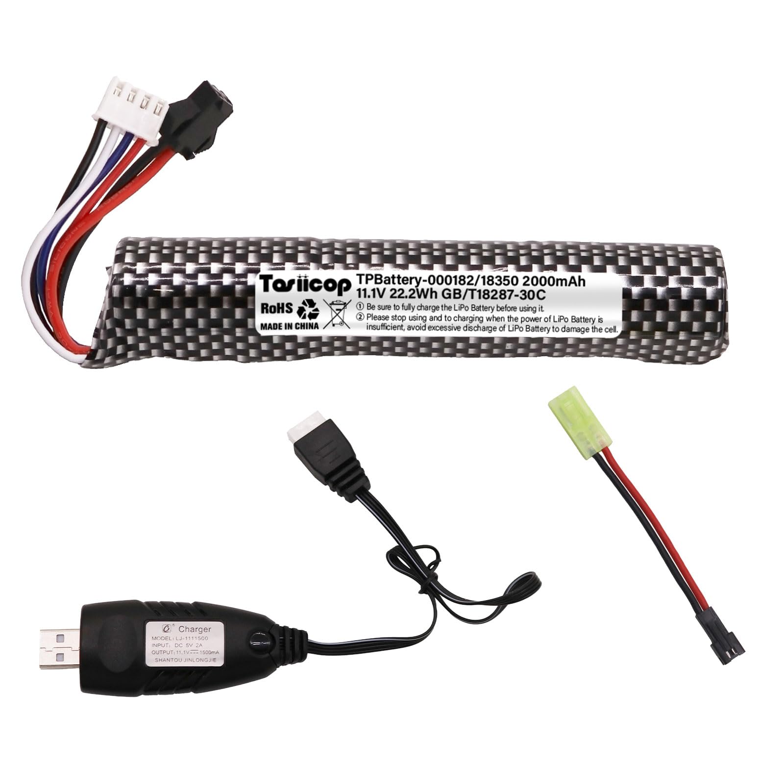 Airsoft Gel Blaster Battery - 11.1V 2000mAh Water Bead Splatter Ball Batteries with Mini Tamiya to SM2P Plug Rechargeable Charger Cable for Splat Ball Replacement - 1 Pack