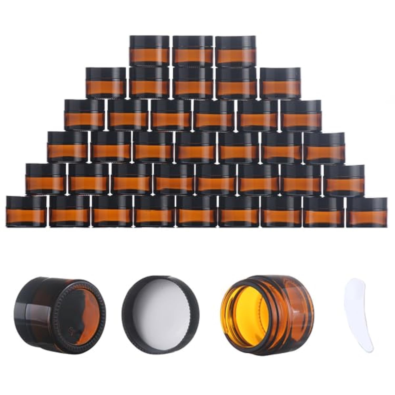 OverNews 48PCS 1oz Amber Glass Jar, Empty Cosmetic Lotion Containers,with Inner Liners,Black Lid, Spatula