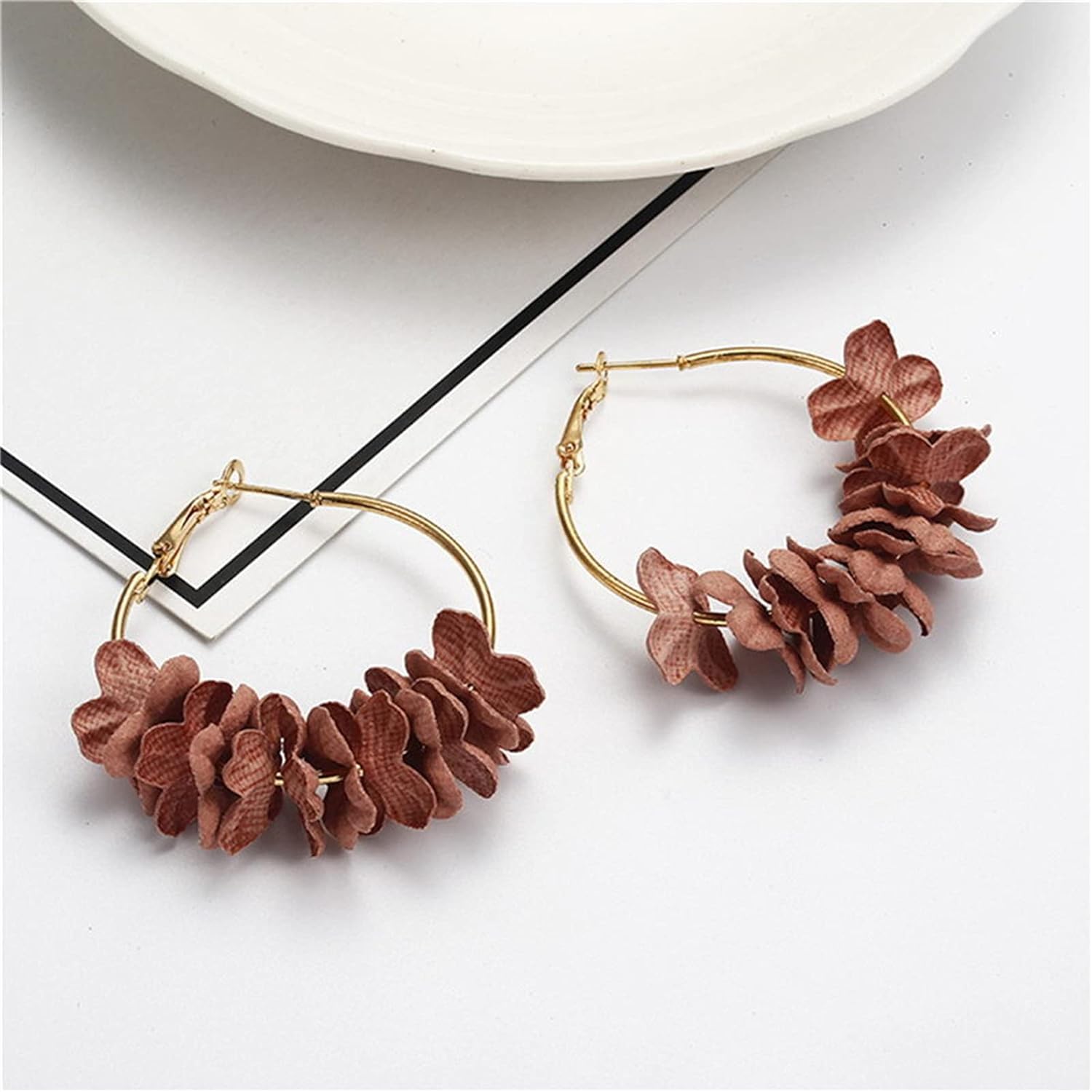MALOYANVE Floral Fabric Hoop Earrings for Women Tiered Flower Statement Tassel Earrings Lightweight Leaf Chandelier Drop Dangle Earrings for Daily Dresses Wedding Holiday Party - Image 4