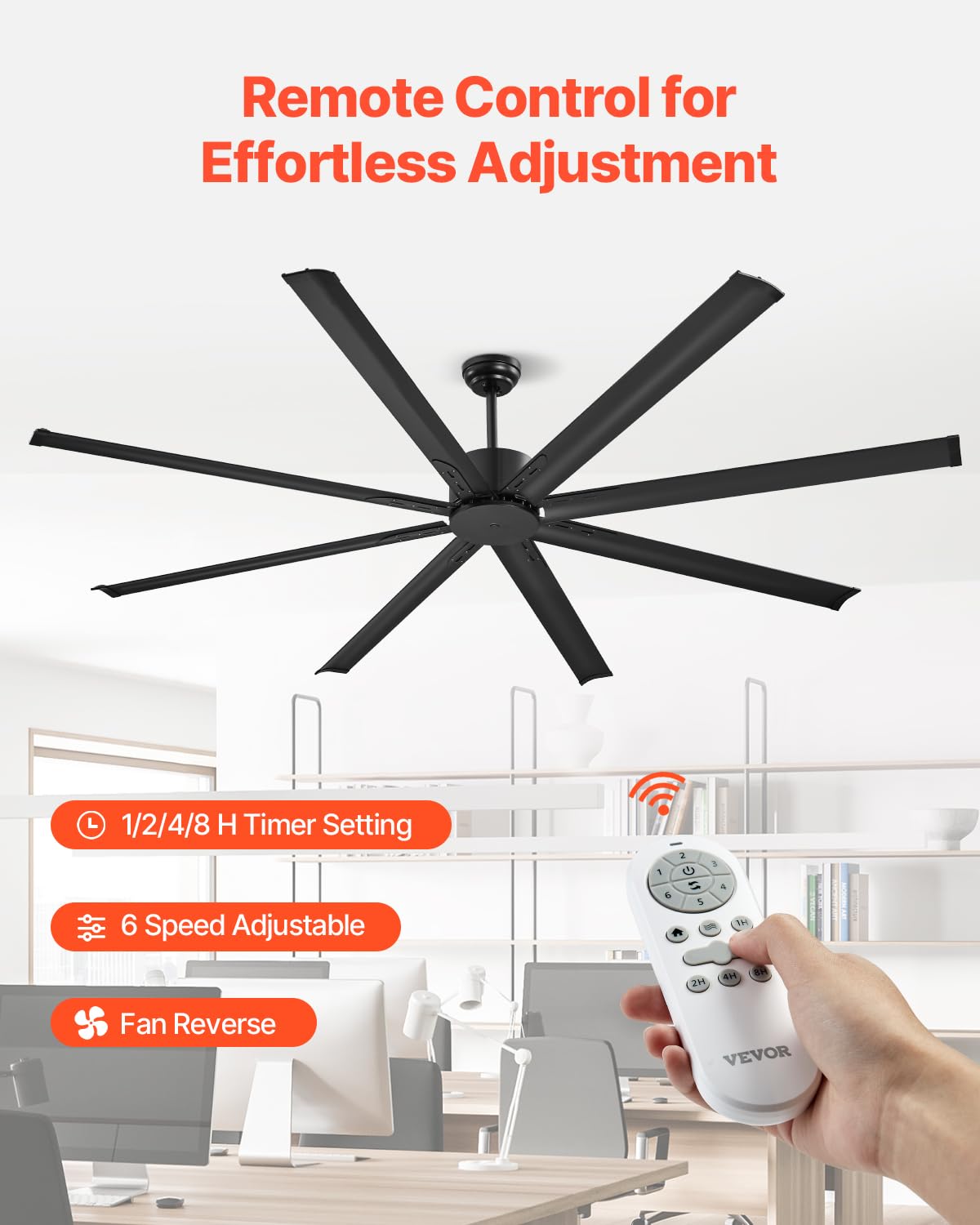 VEVOR Ventilador Moderno de Techo sin Luz 214 cm con Mando a Distancia 6 Velocidades, 8 Aspas de Aluminio, Motor DC Reversible, para Dormitorio, Salón, Interior, Exterior, Negro, Φ 2140 x 705,8 mm
