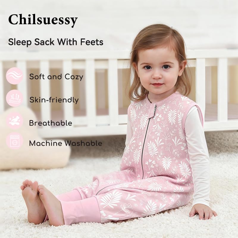 Image of Chilsuessy Baby Sleep Sack with Feet 1.0 TOG, 100% Organic Cotton Wearable Blanket 2 Pack Newborn Infant Sleeping Bag with 2-Way Zipper, 2-3 T, Floral